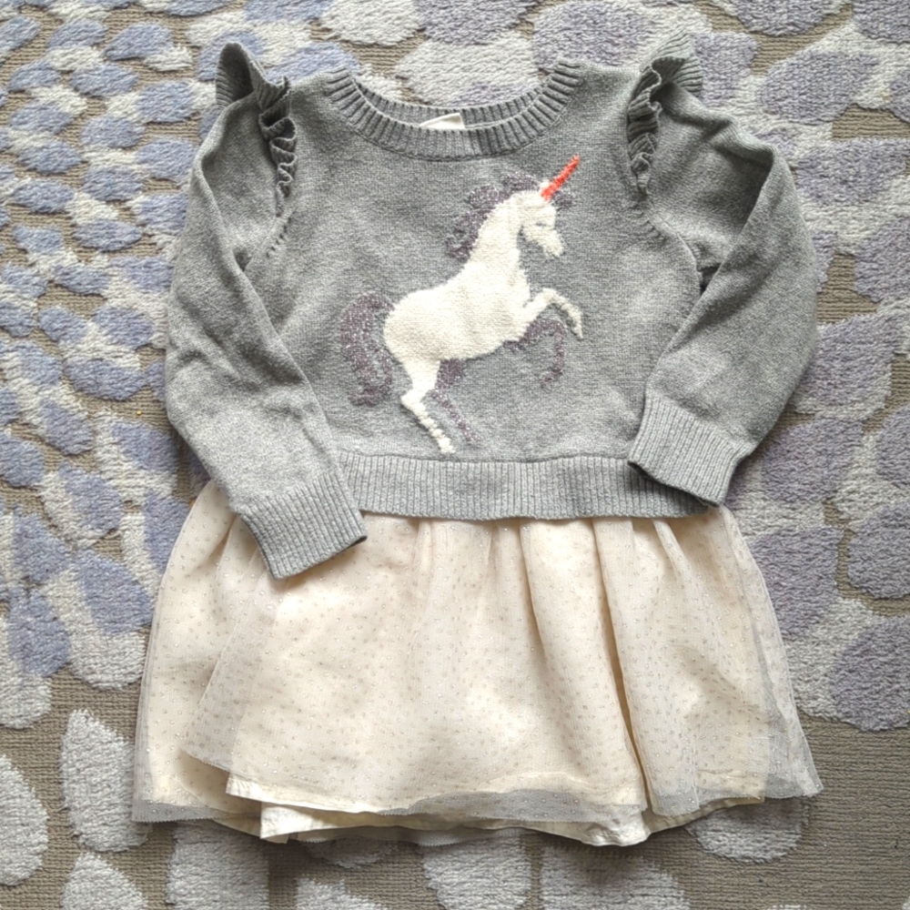 Baby Gap Girls Unicorn Sweater Dress with Sparkly Tutu Size 12-18 Months